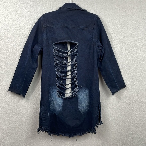 Thrill Jeans Destructed Destroyed Slashed Denim Jean Jacket Longline Oversized M - Picture 5 of 10